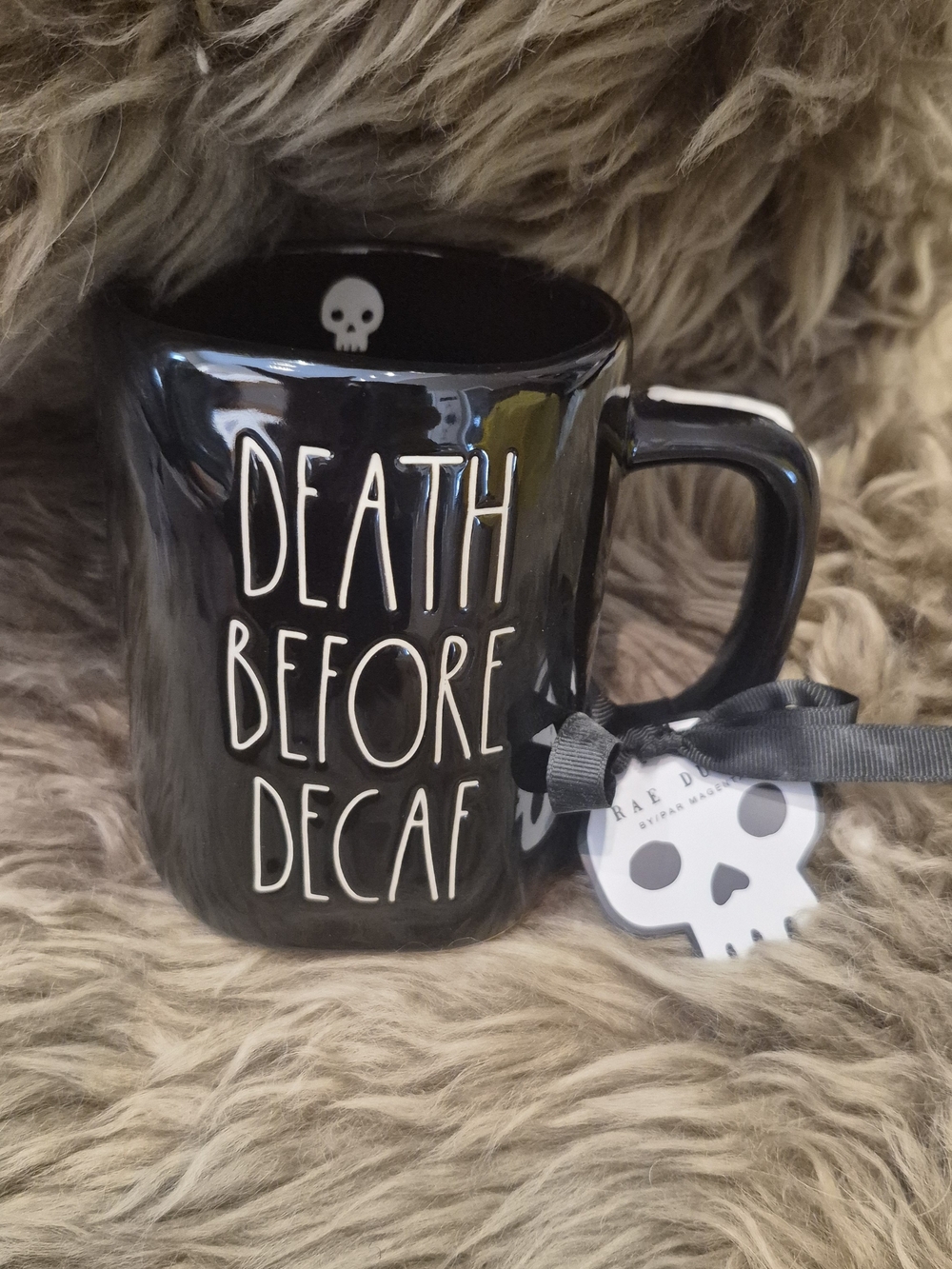 Black "Death Before Decaf" Ceramic Coffee Mug - Rae Dunn